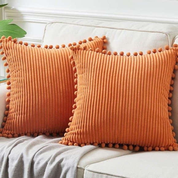 Orange Corduroy Luxury Farmhouse Velvet Pompom Bed Throw Pillow Set of 2 Cases